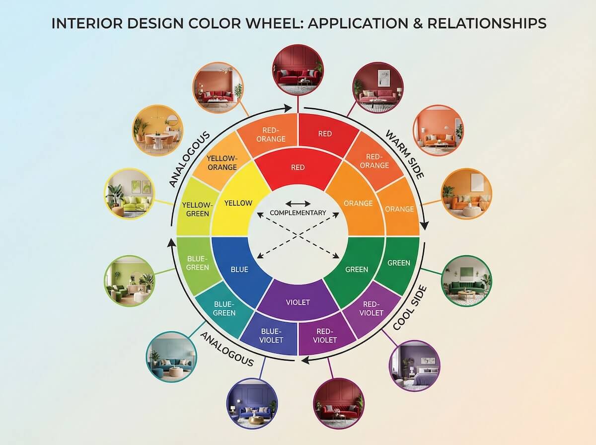 Interior design color wheel showing warm and cool colors with example room applications