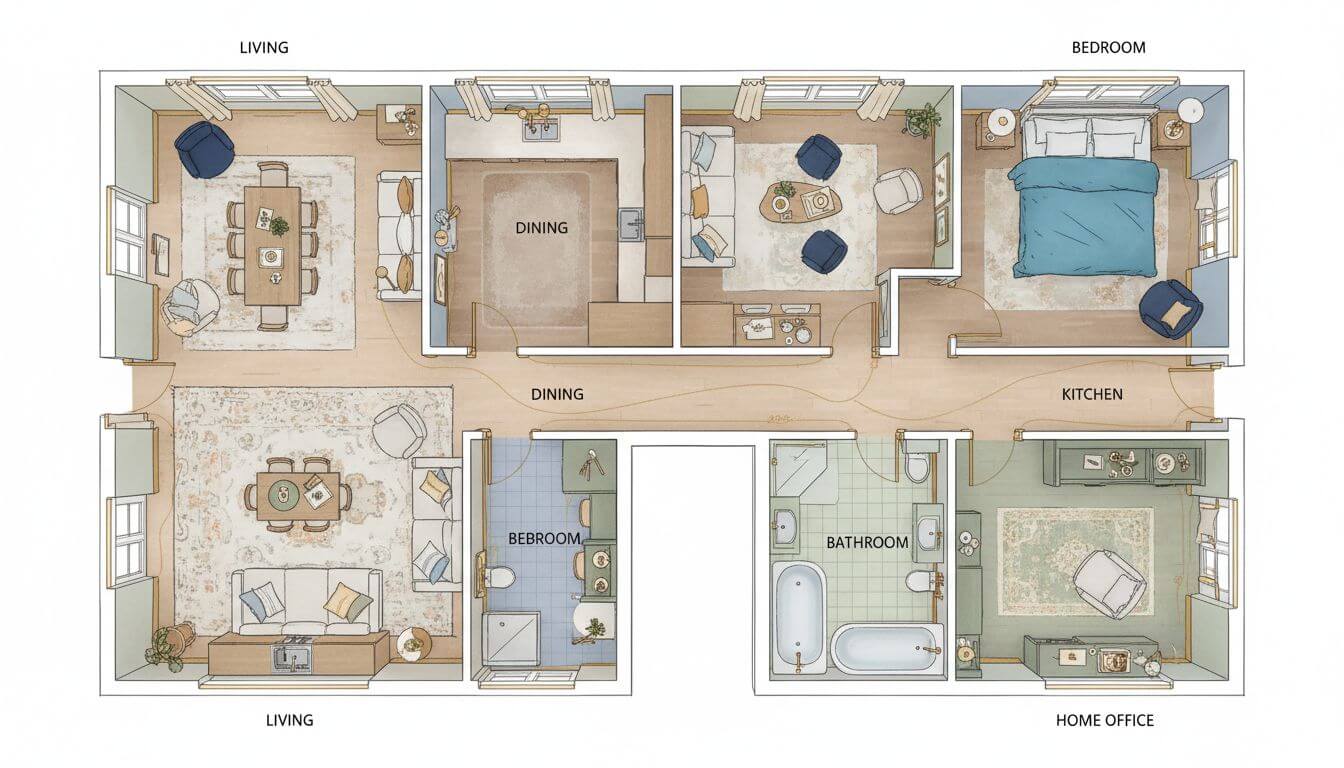 Floor plan style visualization showing cohesive color flow through multiple rooms of a home