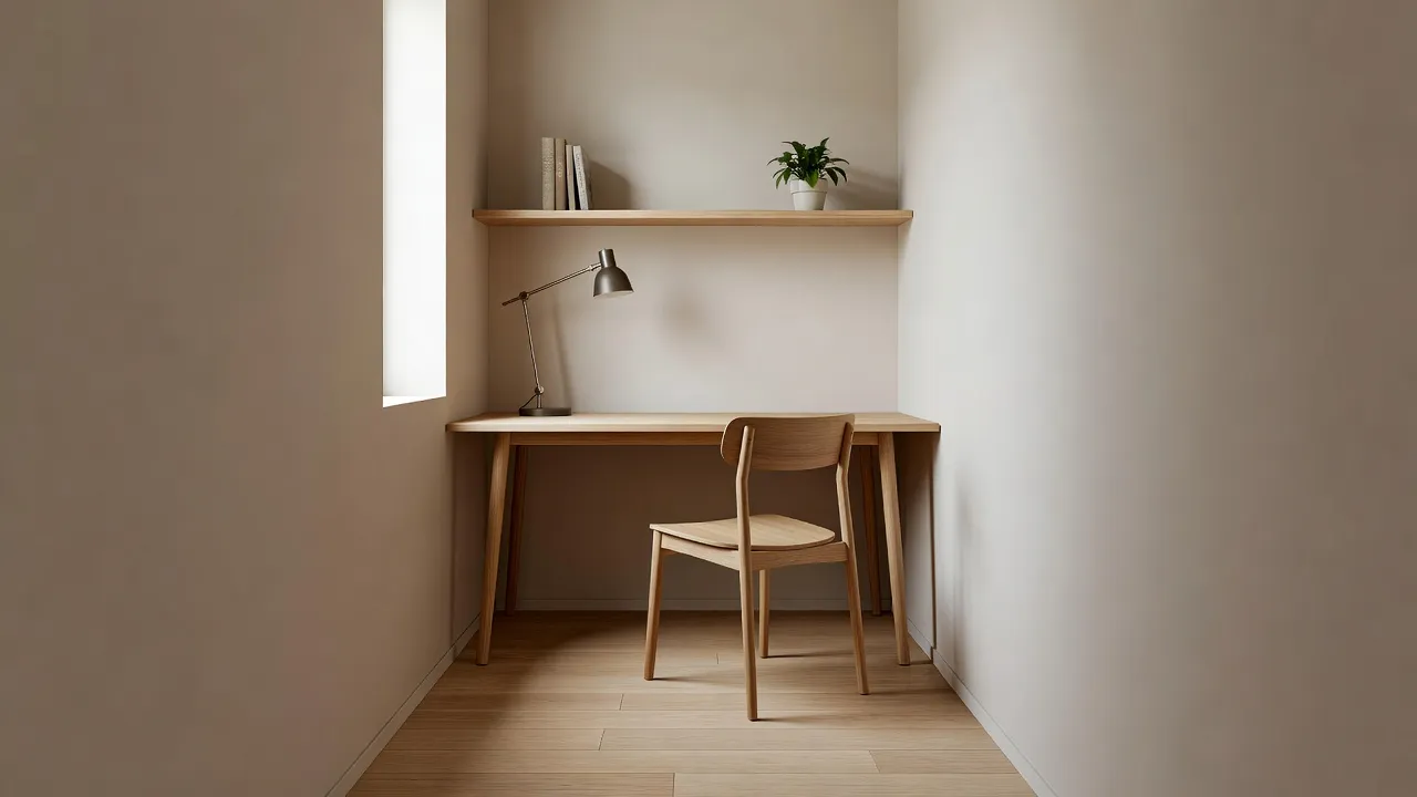 Een compact thuiskantoor gebouwd in een smalle kamerhoek met een smal bureau, een wandplank en een bureaulamp, gegenereerd door DecorAI Hoekontwerper