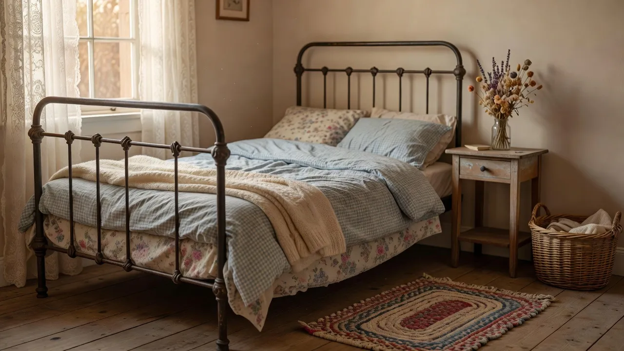 Une chambre cottagecore photoréaliste avec un cadre de lit vintage en fer forgé, du linge de lit floral et à carreaux vichy superposé, des rideaux en dentelle légère et un petit bouquet de fleurs séchées sur une table de nuit en bois