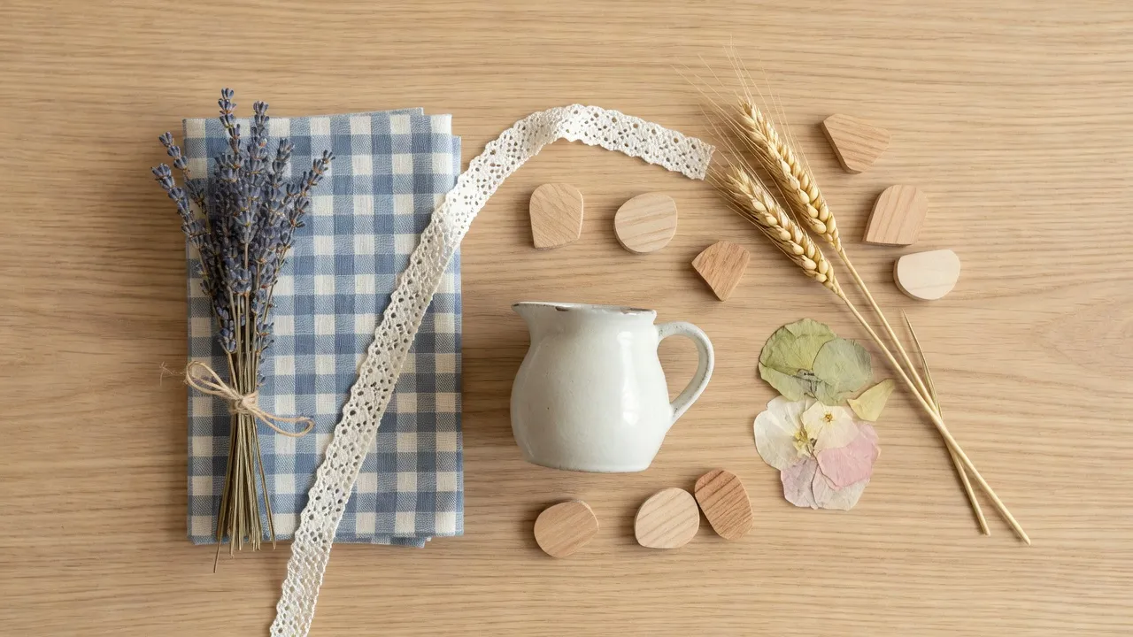 Une palette de matériaux à plat pour le design d'intérieur cottagecore montrant de la lavande séchée, du tissu vichy, une bordure en dentelle, un pichet en céramique vintage et des échantillons de bois naturel clair dans des tons crème et sauge