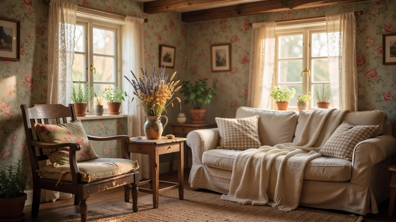 Un salon cottagecore photoréaliste avec du papier peint floral, un fauteuil en bois vintage, des fleurs séchées dans un pichet en céramique, des coussins à carreaux vichy, et une lumière naturelle chaleureuse filtrant à travers une fenêtre aux rideaux en dentelle, créé avec le design d'intérieur par IA