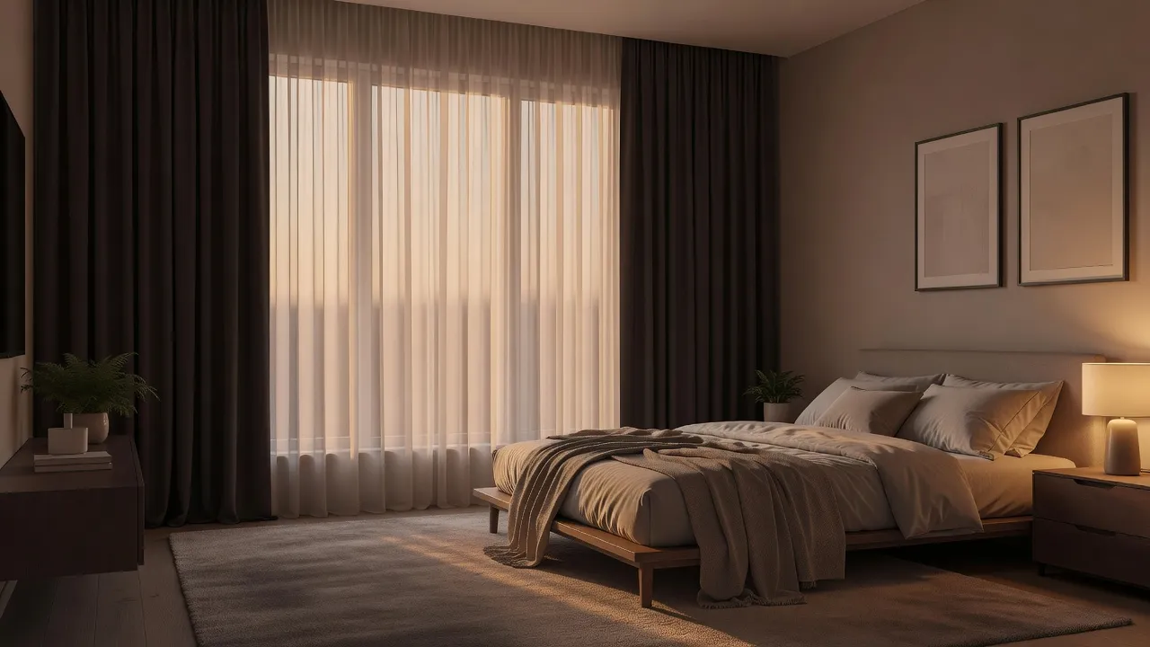 Schlafzimmerfenster mit geschichteten transparenten und blickdichten Vorhängen, deckenhoch aufgehängt, vorab visualisiert mit einem KI-Fensterdekorations-Visualisierer