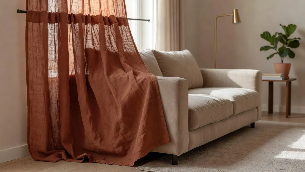 Nahaufnahme von Terrakotta-Leinenvorhängen, farblich abgestimmt auf ein warmes, neutrales Sofa in einem sonnendurchfluteten Wohnzimmer, vorab visualisiert mit einem KI-Vorhang-Visualisierer