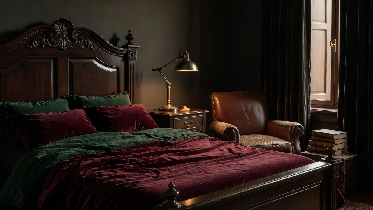 A photorealistic dark academia bedroom with a dark wood bed frame, deep burgundy bedding, brass reading lamp, and a book-filled reading nook by the window