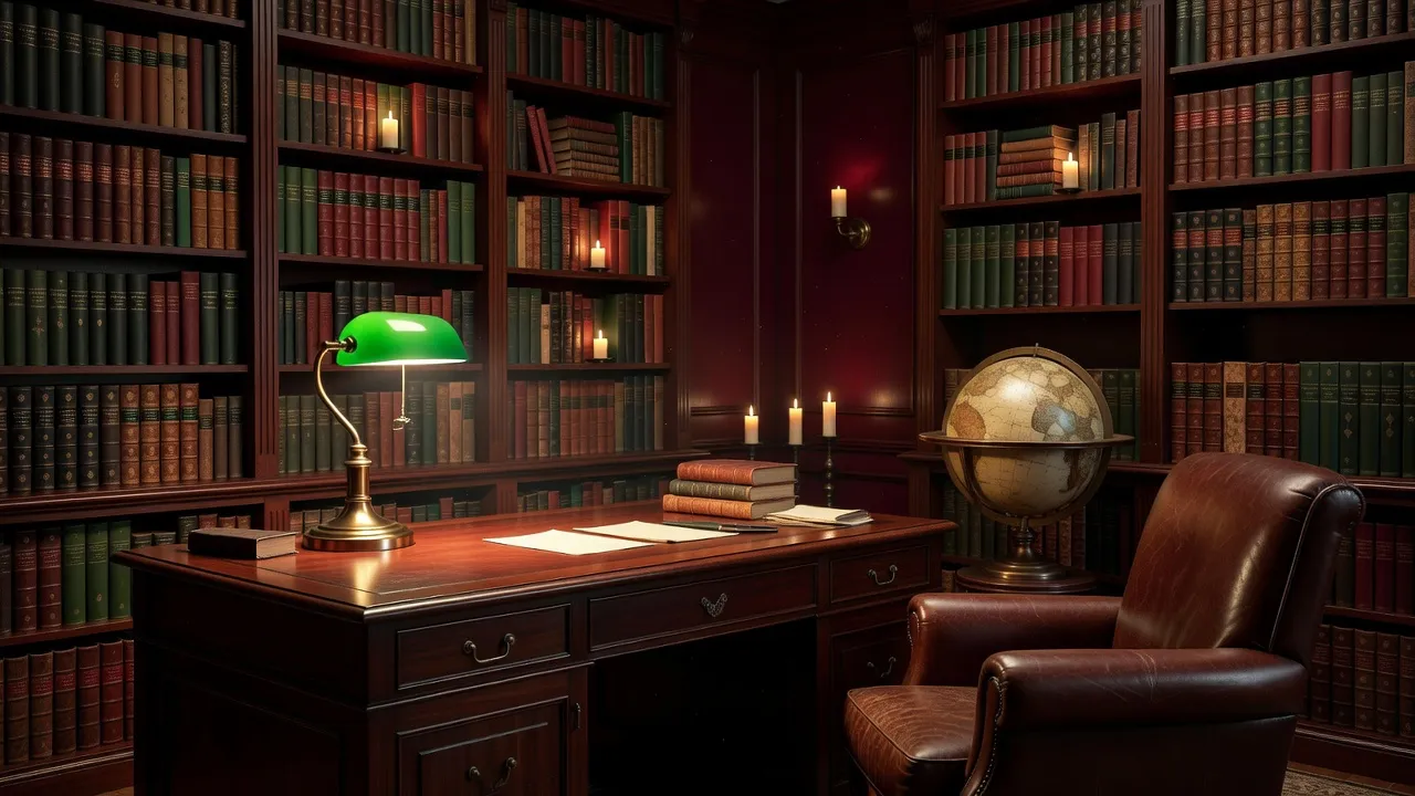 A photorealistic dark academia home office with a mahogany writing desk, brass banker's lamp, floor-to-ceiling dark wood bookshelves, and a leather chair