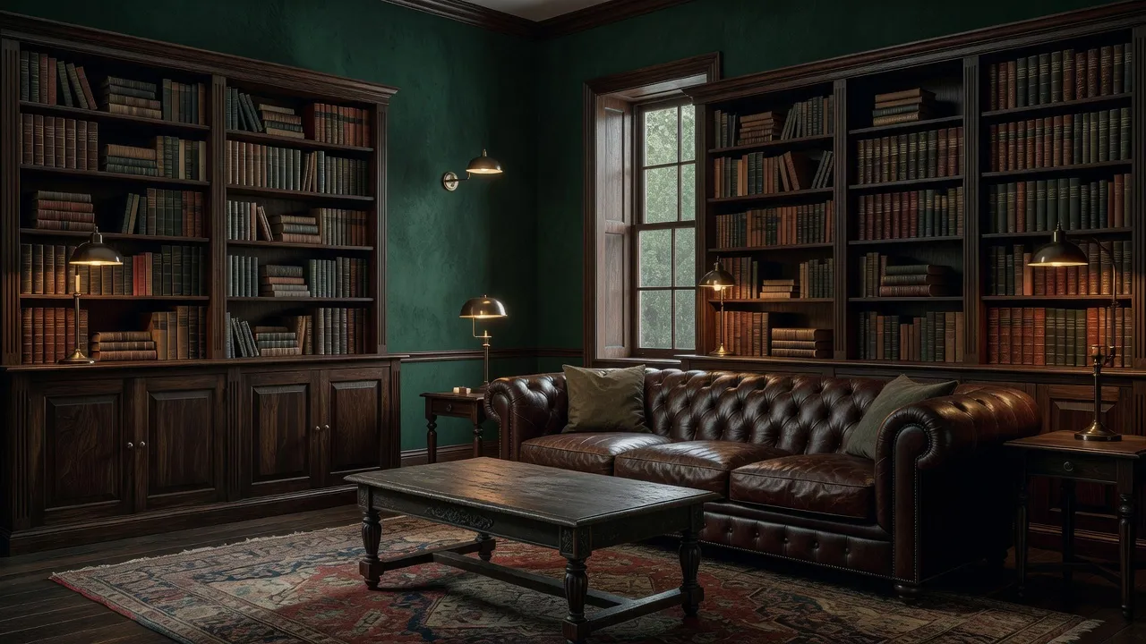 A photorealistic dark academia living room with deep emerald walls, a leather chesterfield sofa, dark wood bookshelves, brass reading lamps, and candlelight ambiance created with AI interior design