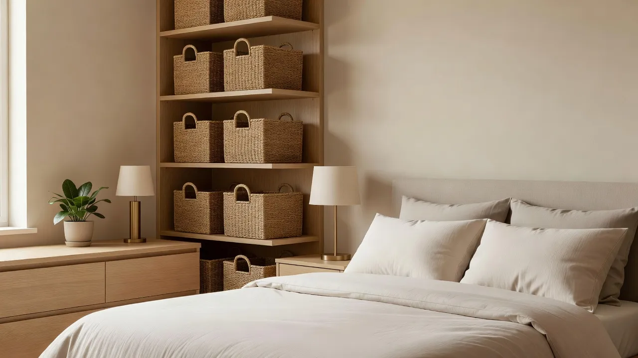 A photorealistic organized bedroom with tidy open shelving, matching storage baskets, and a clutter-free dresser top, generated with AI interior design