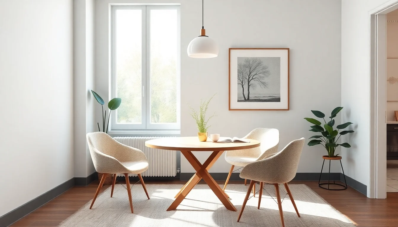 AI decorate a room example showing a refreshed dining nook with round table and pendant light