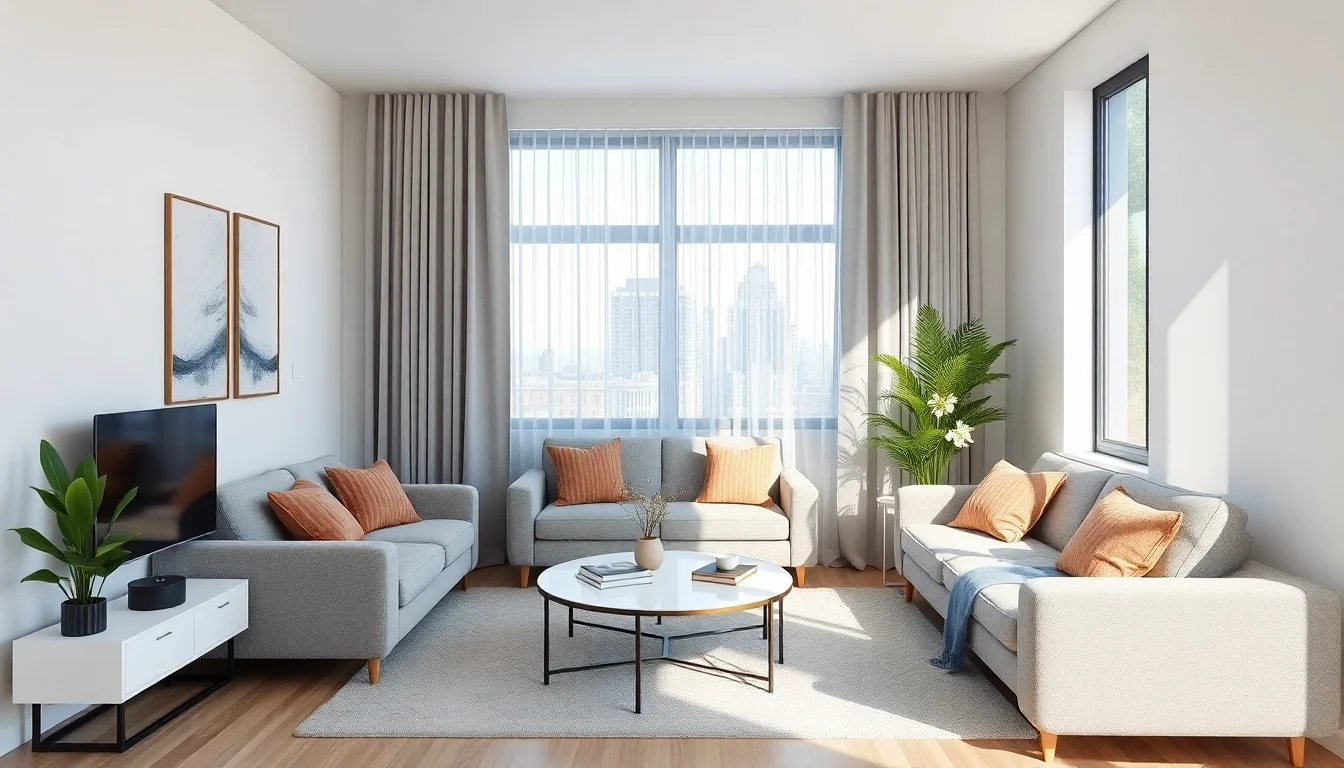 AI design a room example showing a small living room with improved layout and neutral styling