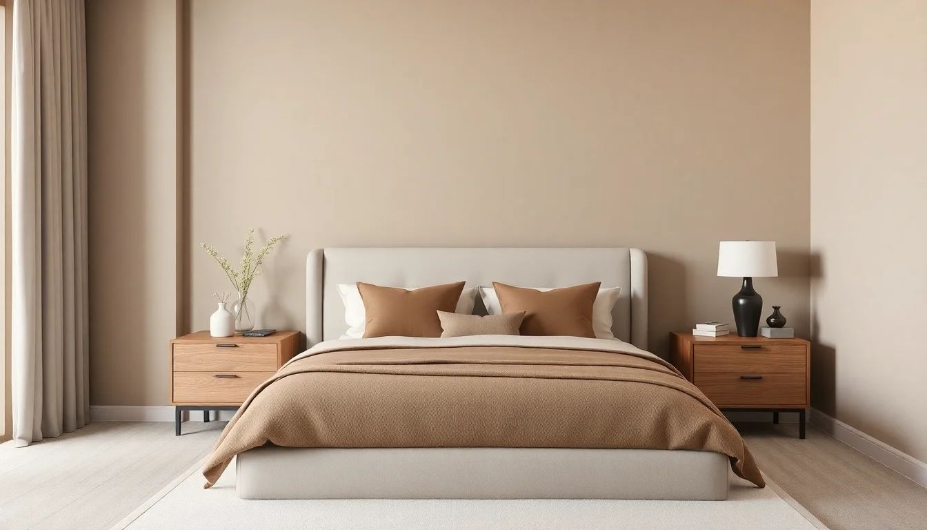AI remodel room concept for a bedroom with soft taupe walls and layered bedding