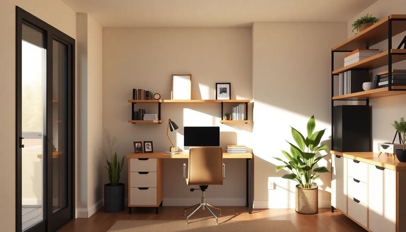 AI room design example showing a renter-friendly home office with compact desk and floating shelves