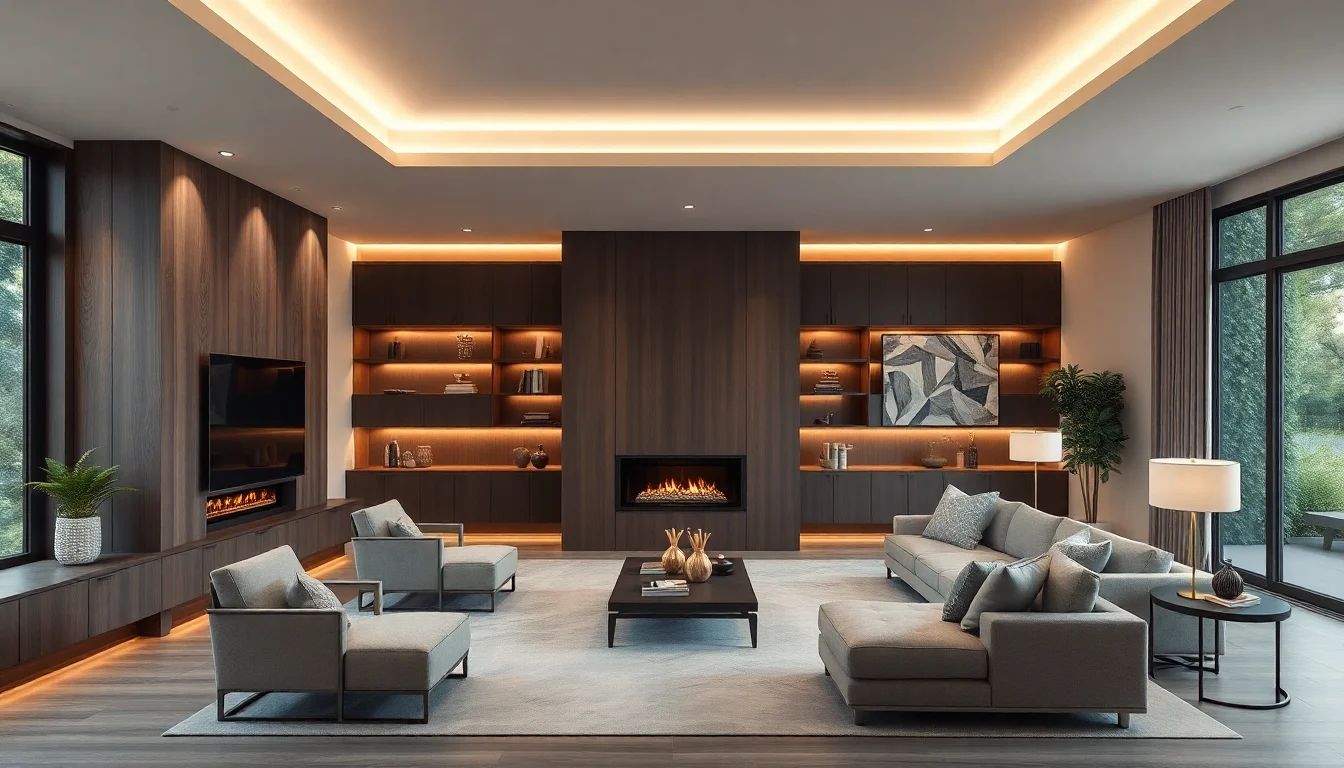 AI 3D design generator concept for a living room with custom built-ins and a fireplace wall