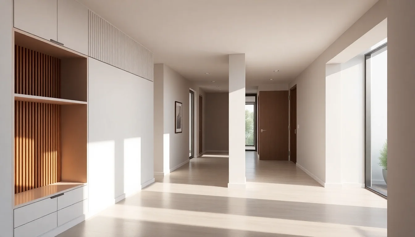 AI design architecture rendering of an entry and hallway sequence with built-in storage and soft lighting