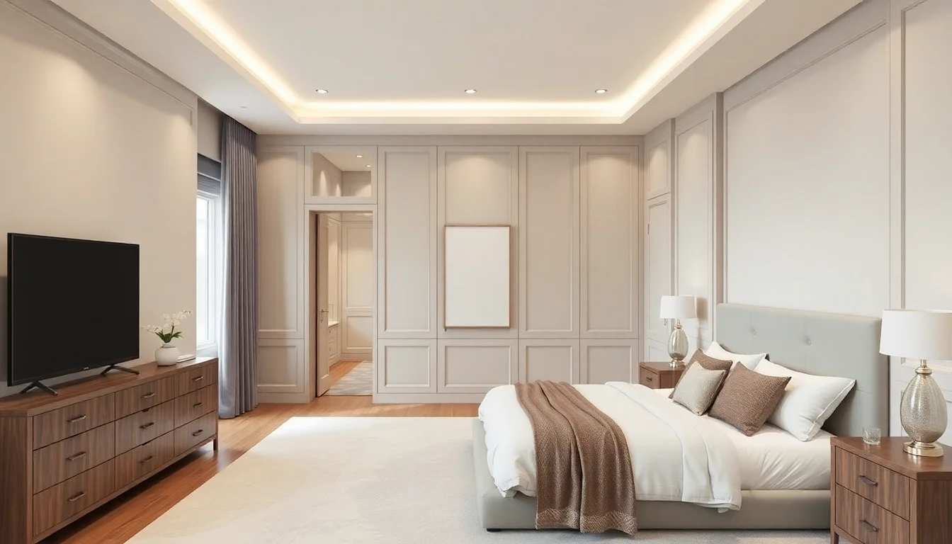 AI interior architecture visualization of a primary bedroom suite with integrated millwork and soft neutral palette