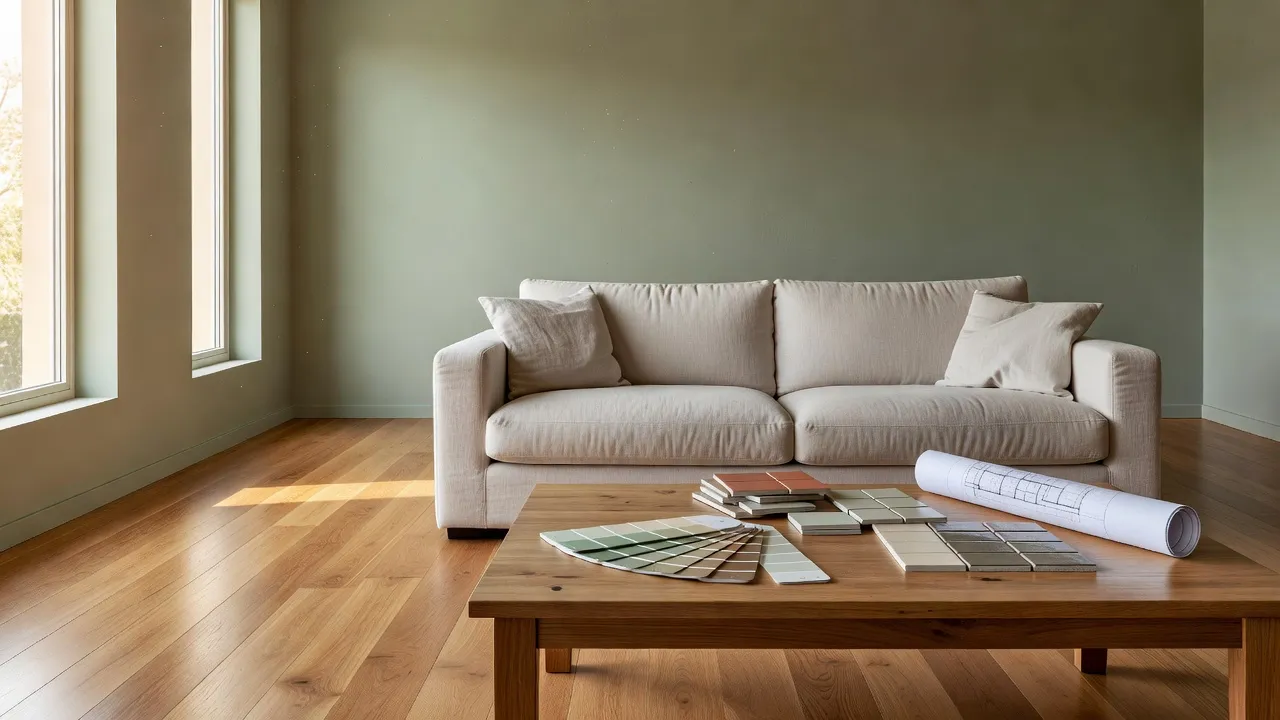 Ein fotorealistisch renoviertes Wohnzimmer mit salbeigrünen Wänden, Eichenboden und einem Couchtisch mit Farbmustern, Fliesenproben und einem aufgerollten Grundriss