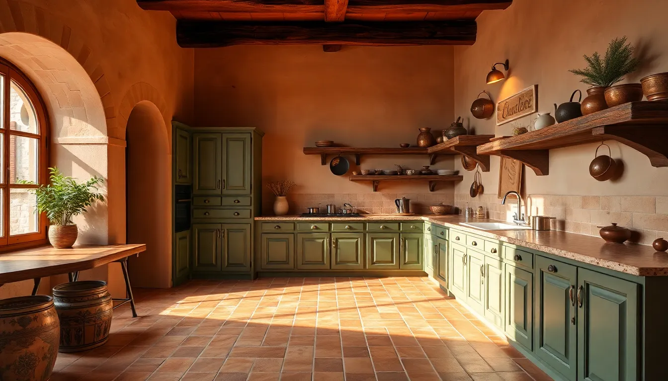 AI design for home Mediterranean kitchen with terracotta tiles and arched windows