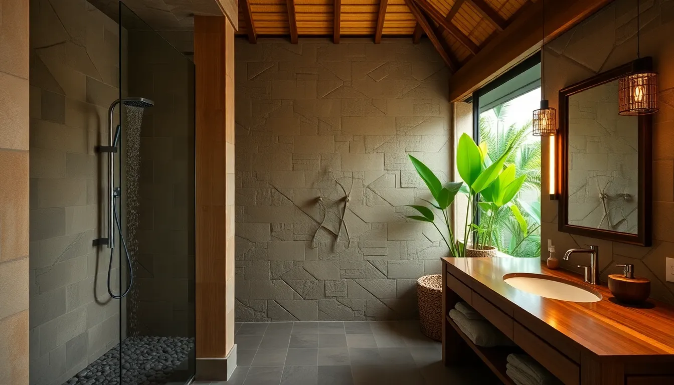 AI design generator for home creating tropical bathroom with natural stone and rain shower