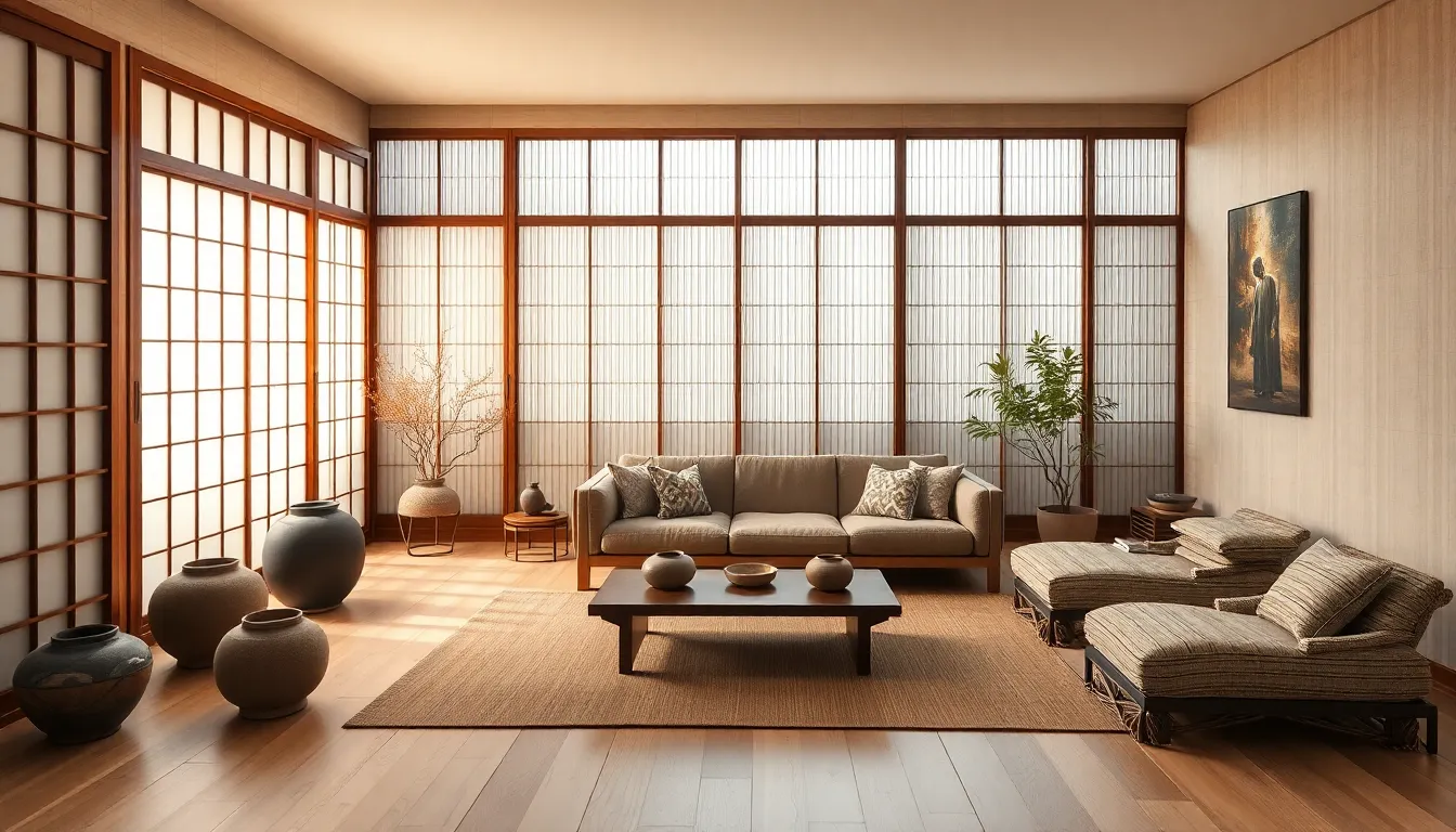 AI design home Japandi style living room with low furniture and natural materials