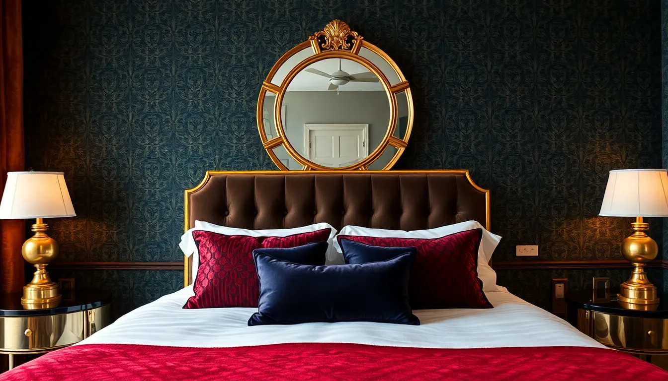 AI design ideas Art Deco bedroom with geometric patterns and gold accents