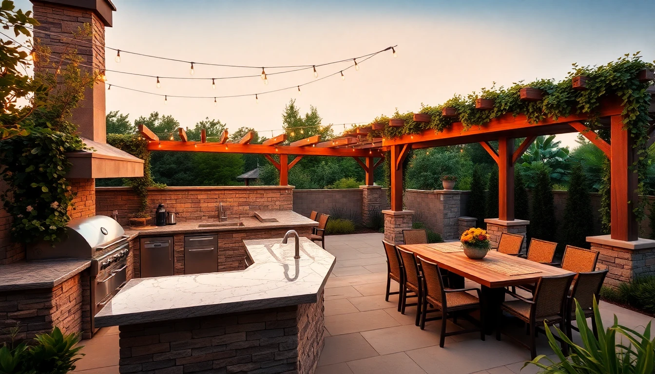 AI design backyard showing an outdoor kitchen and dining area with wooden pergola, string lights, and lush surrounding planting