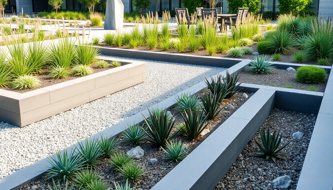 AI design landscape concept of a modern garden with geometric raised beds, ornamental grasses, and clean gravel pathways