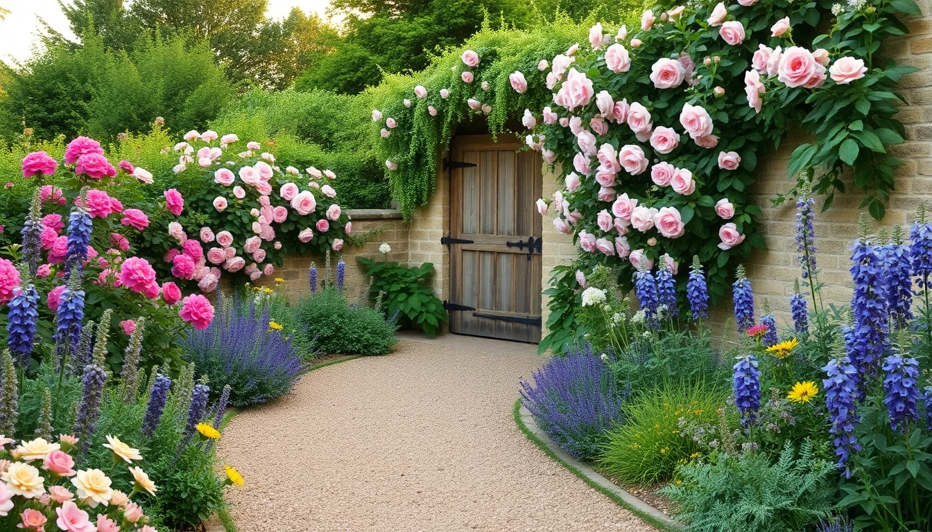 AI garden design in English cottage style with overflowing flower borders, roses on a stone wall, and a rustic wooden gate