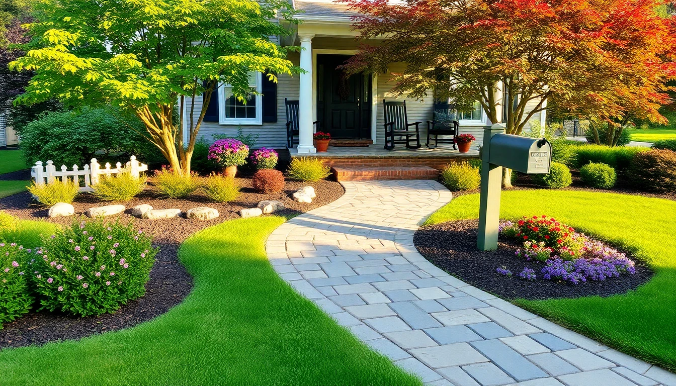 AI landscape design front yard with flagstone walkway, layered plantings, ornamental tree, and welcoming front porch