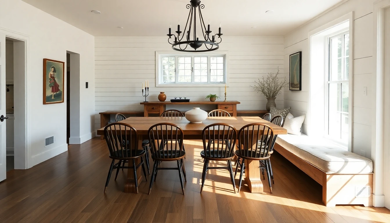 AI dining room design in modern farmhouse style with long oak trestle table, Windsor chairs, and black iron chandelier
