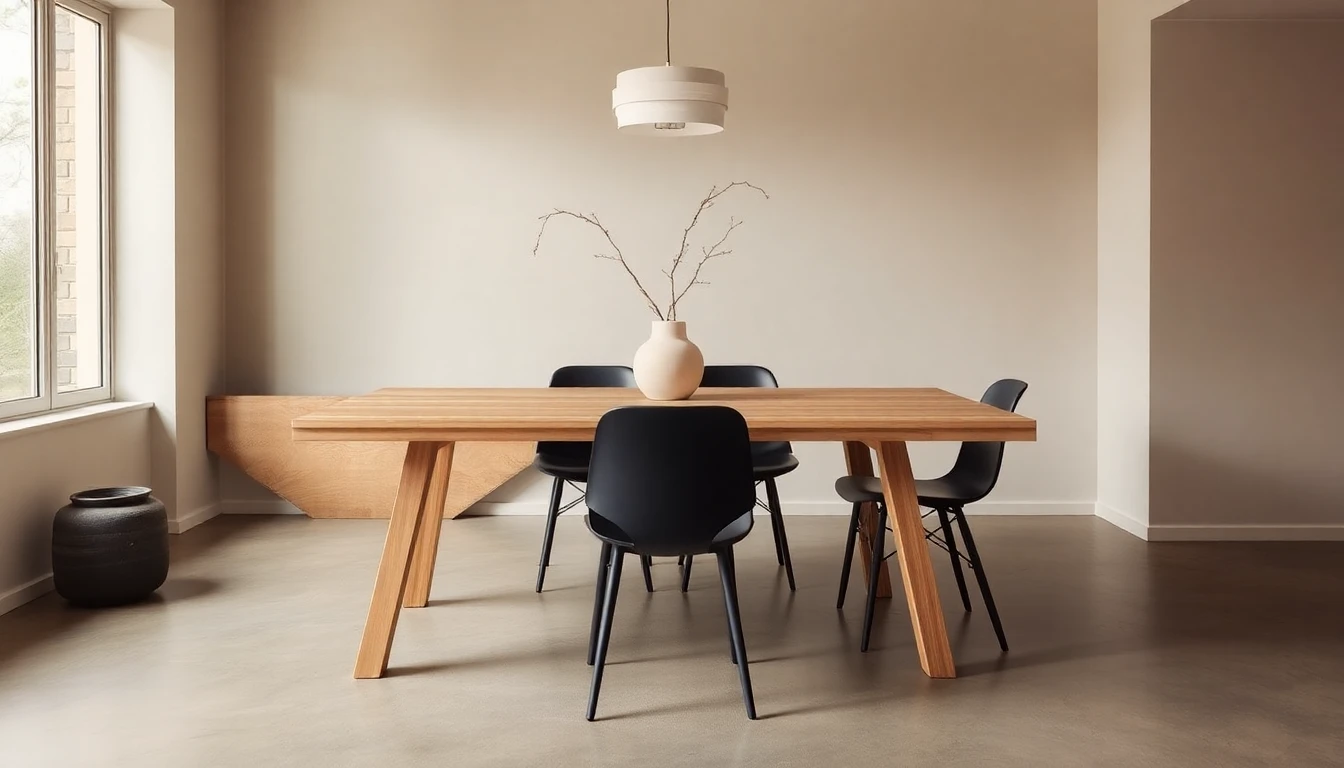 AI design dining room in Japandi style with low light oak table, matte black chairs, paper pendant lamp, and zen atmosphere