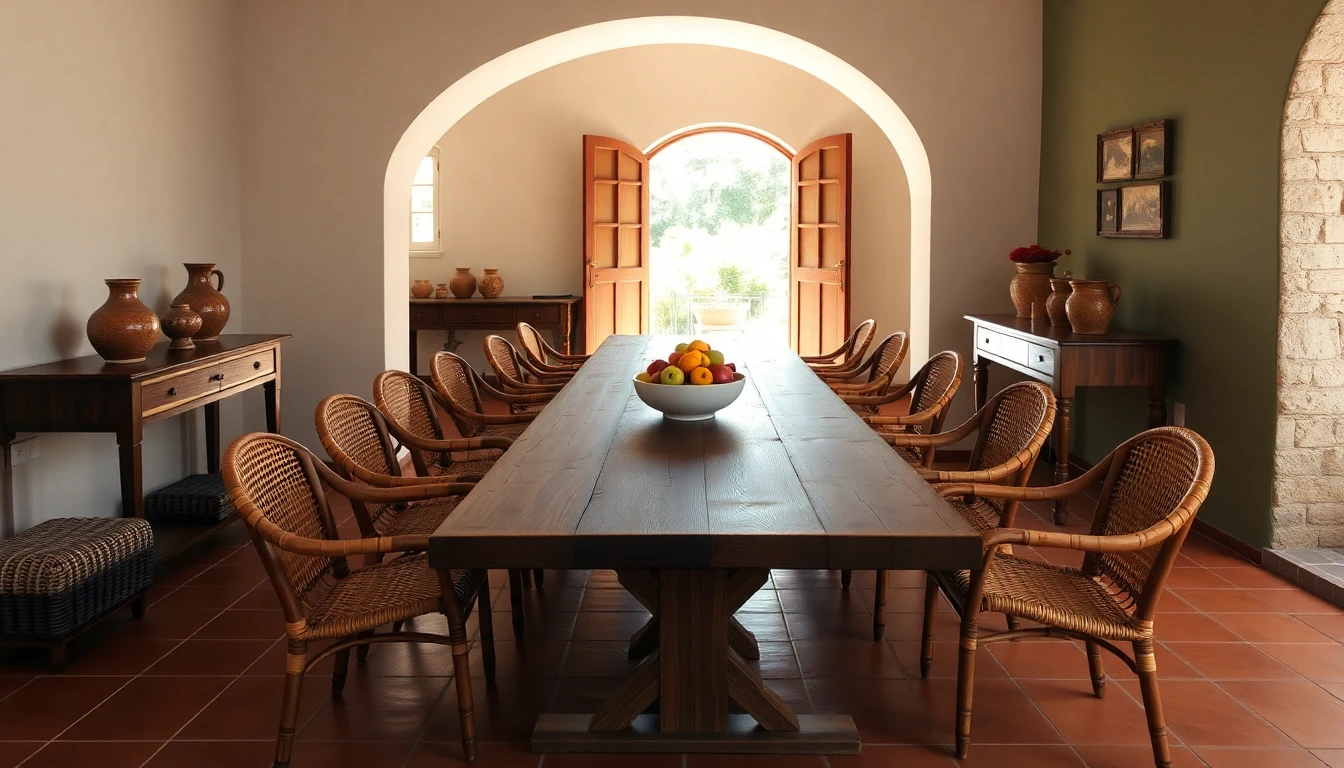 AI dining room design Mediterranean style with wooden plank table, rattan chairs, terracotta floor, arched doorway, and olive green wall
