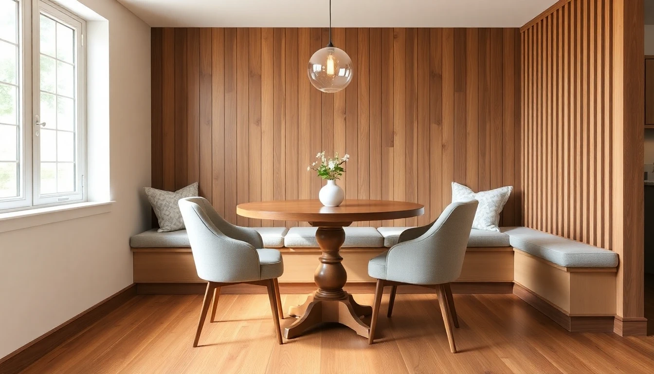 AI dining room ideas showing a round pedestal table in a small dining nook with banquette seating and globe pendant light