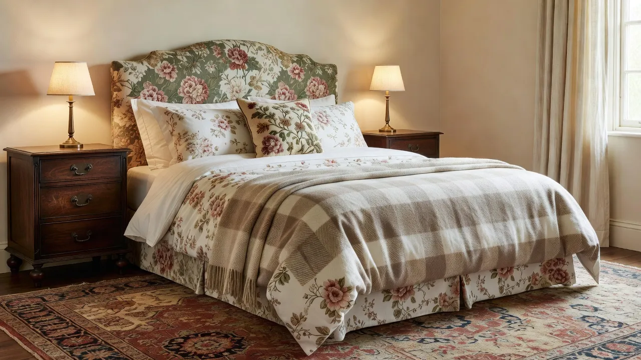 A photorealistic English country bedroom with a floral chintz headboard, antique wood nightstands, brass lamps, and layered botanical-print textiles