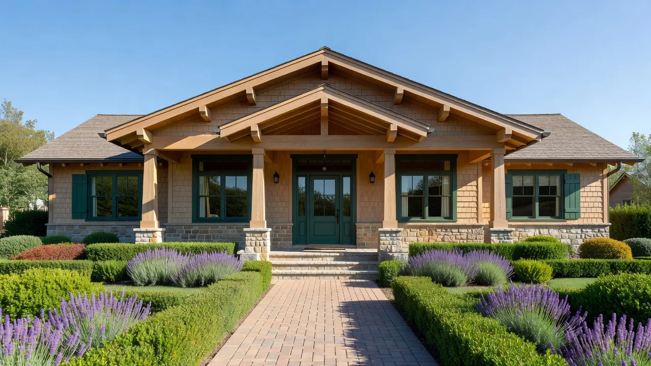 Eine fotorealistische Hausfassade im Craftsman-Stil mit überdachter Veranda, konisch geformten Säulen, Steinakzenten und natürlichen Holzzierleisten bei Tageslicht