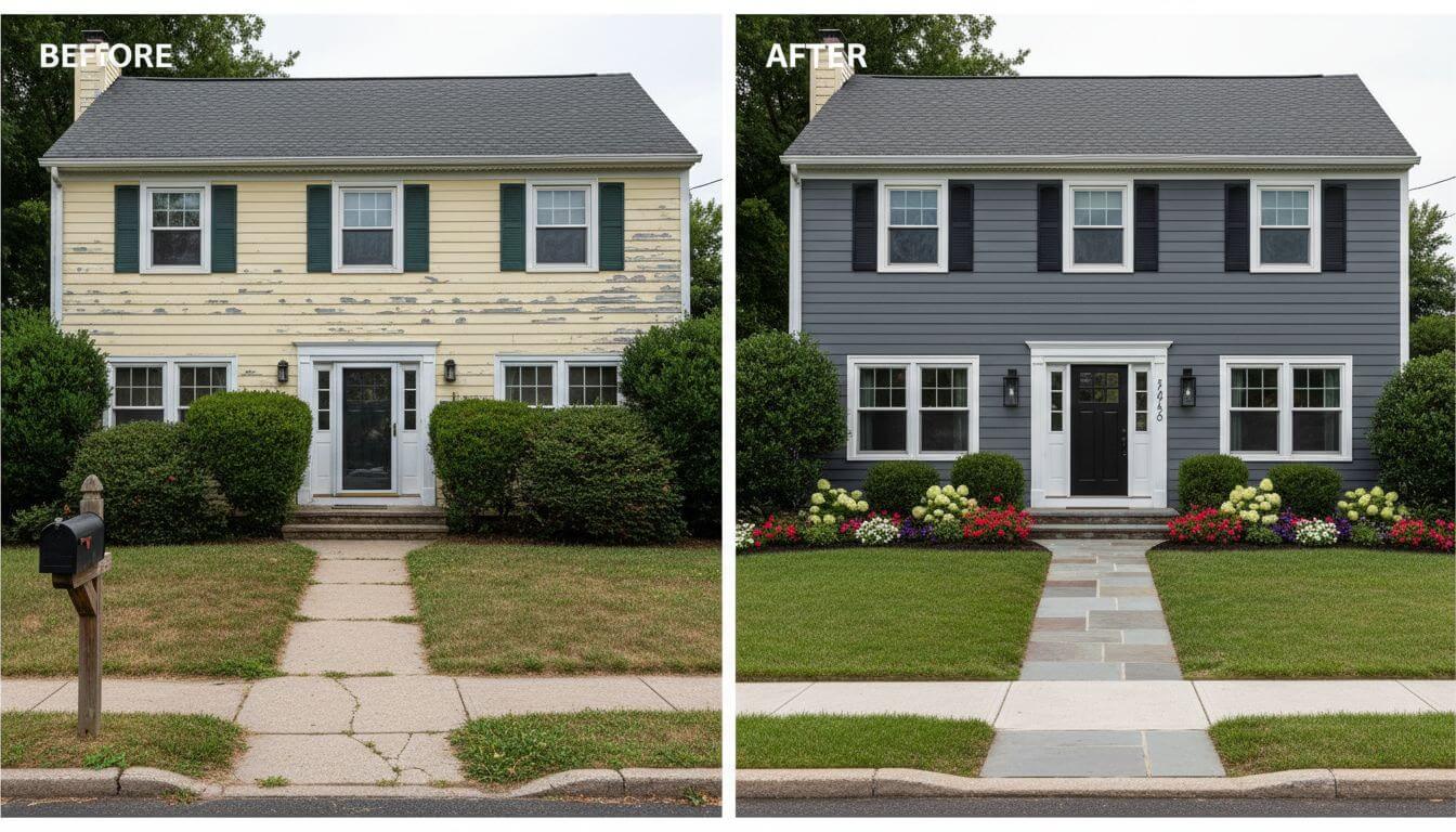 Before and after comparison showing budget-friendly curb appeal improvements