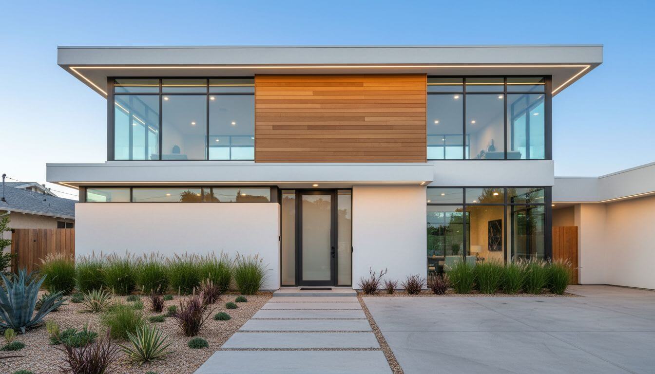 Modern contemporary house exterior with clean lines and large windows
