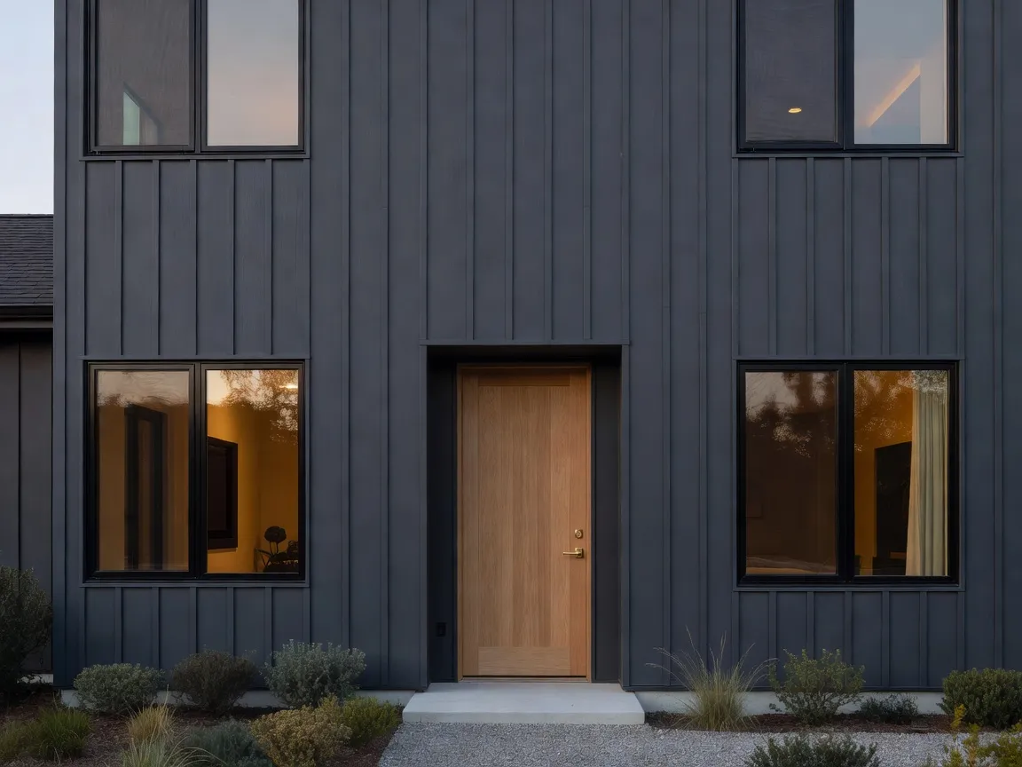 Une façade de maison moderne photoréaliste en gris charbon avec des cadres de fenêtres noirs et une porte d'entrée en bois clair, conçue avec un visualiseur de couleur de façade ia