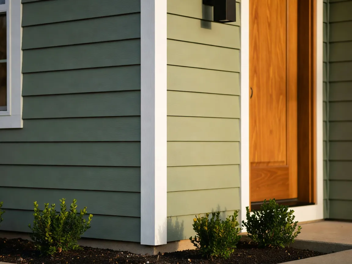 Gros plan sur un coin de façade de maison montrant un bardage vert sauge, des boiseries de fenêtres blanches et une porte d'entrée en bois naturel, comparés avec un visualiseur de couleur de façade ia