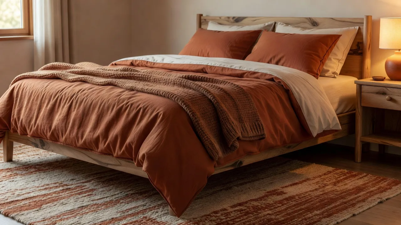 A bedroom refreshed with warm layered textiles, a heavier woven throw, wool rug and warm-toned lamp lighting for fall