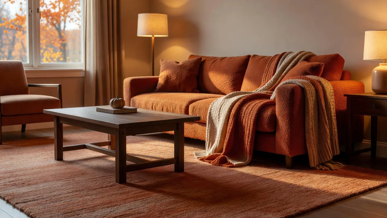 A living room refreshed for fall with warm rust and terracotta tones, a heavier textured rug and layered lamp lighting