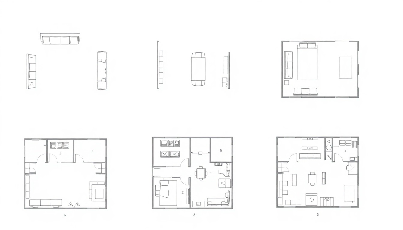 Multiple floor plan furniture layout examples showing optimized arrangements for living room, bedroom, and home office spaces