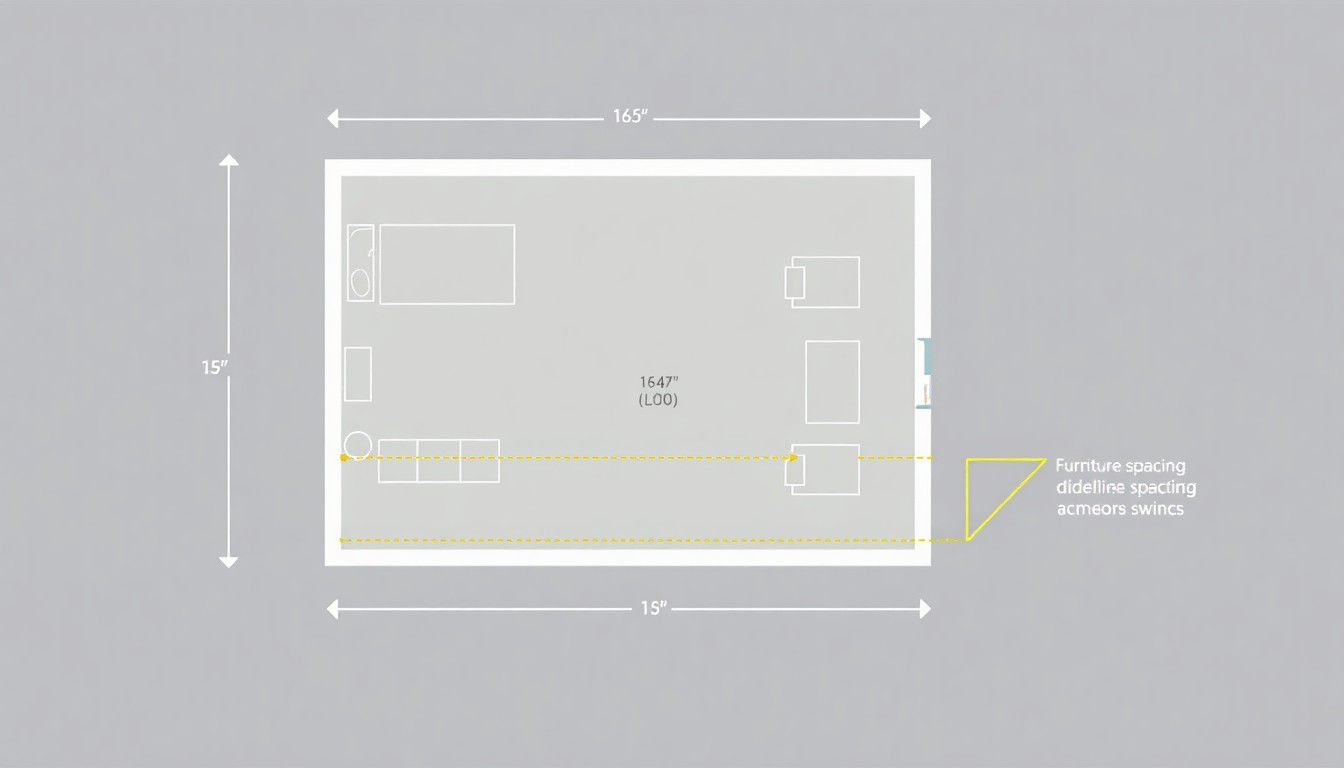 Floor plan measurement guide showing proper room measuring techniques with labeled dimensions and clearance zones