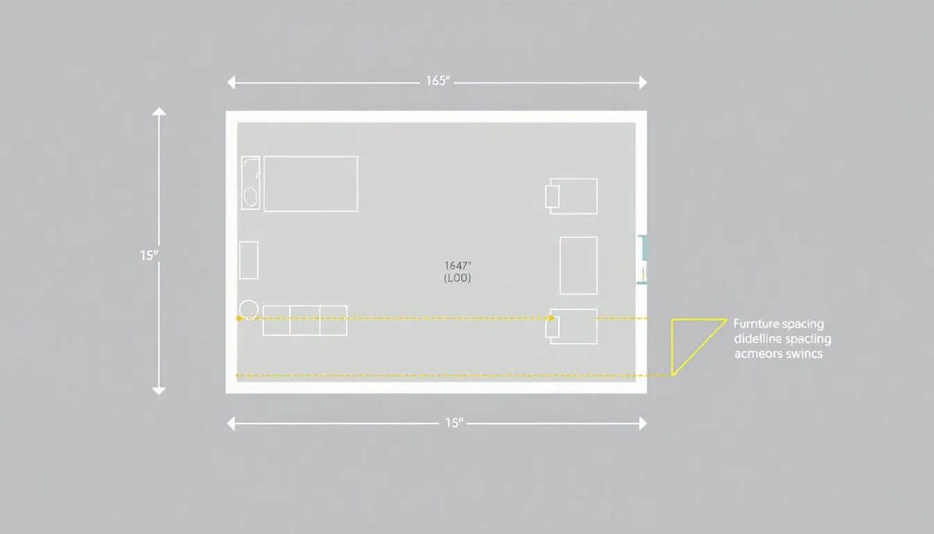 Floor plan measurement guide showing proper room measuring techniques with labeled dimensions and clearance zones