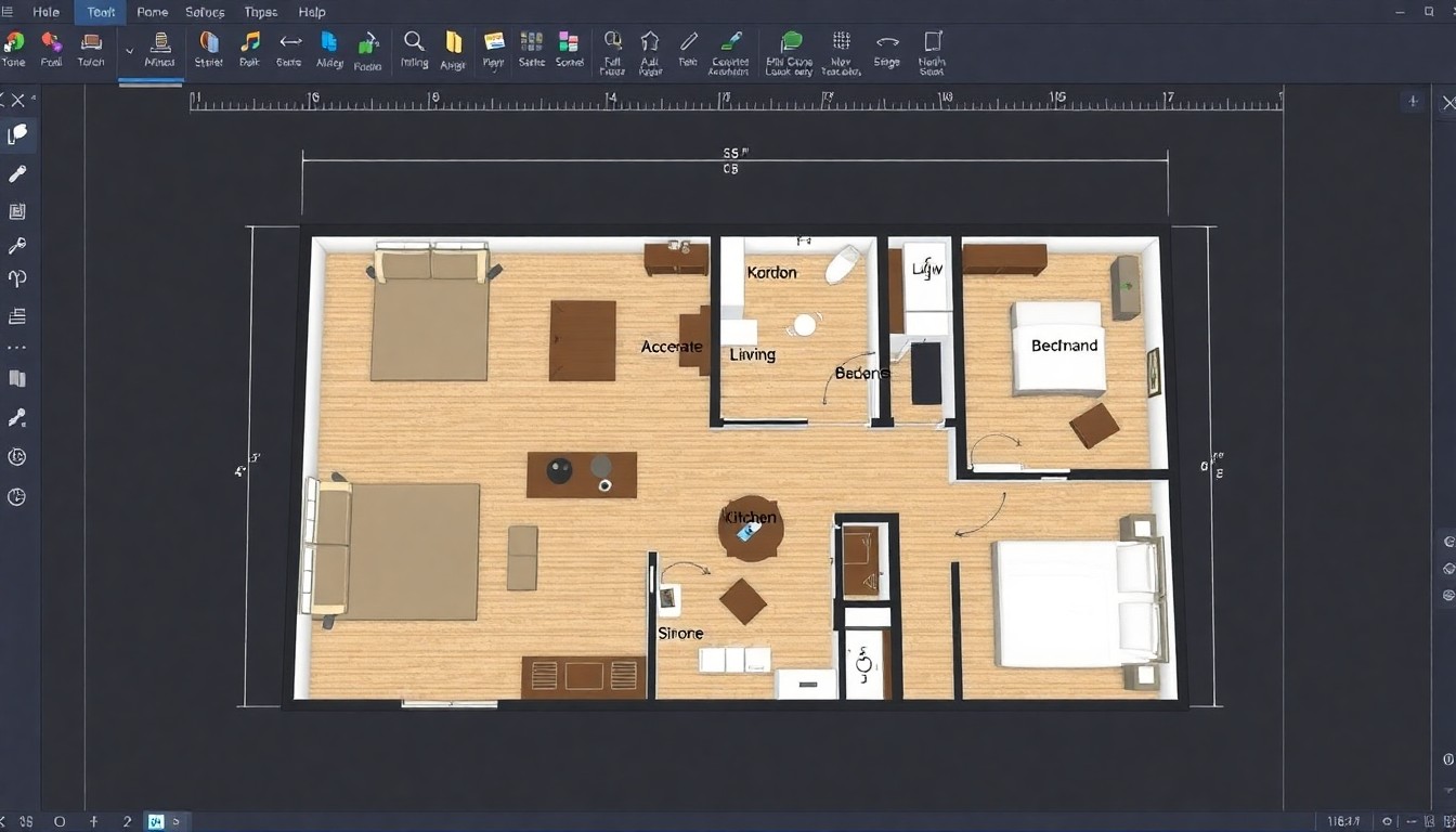 AI floor planner software interface showing professional 2D floor plan layout with furniture placement and room dimensions