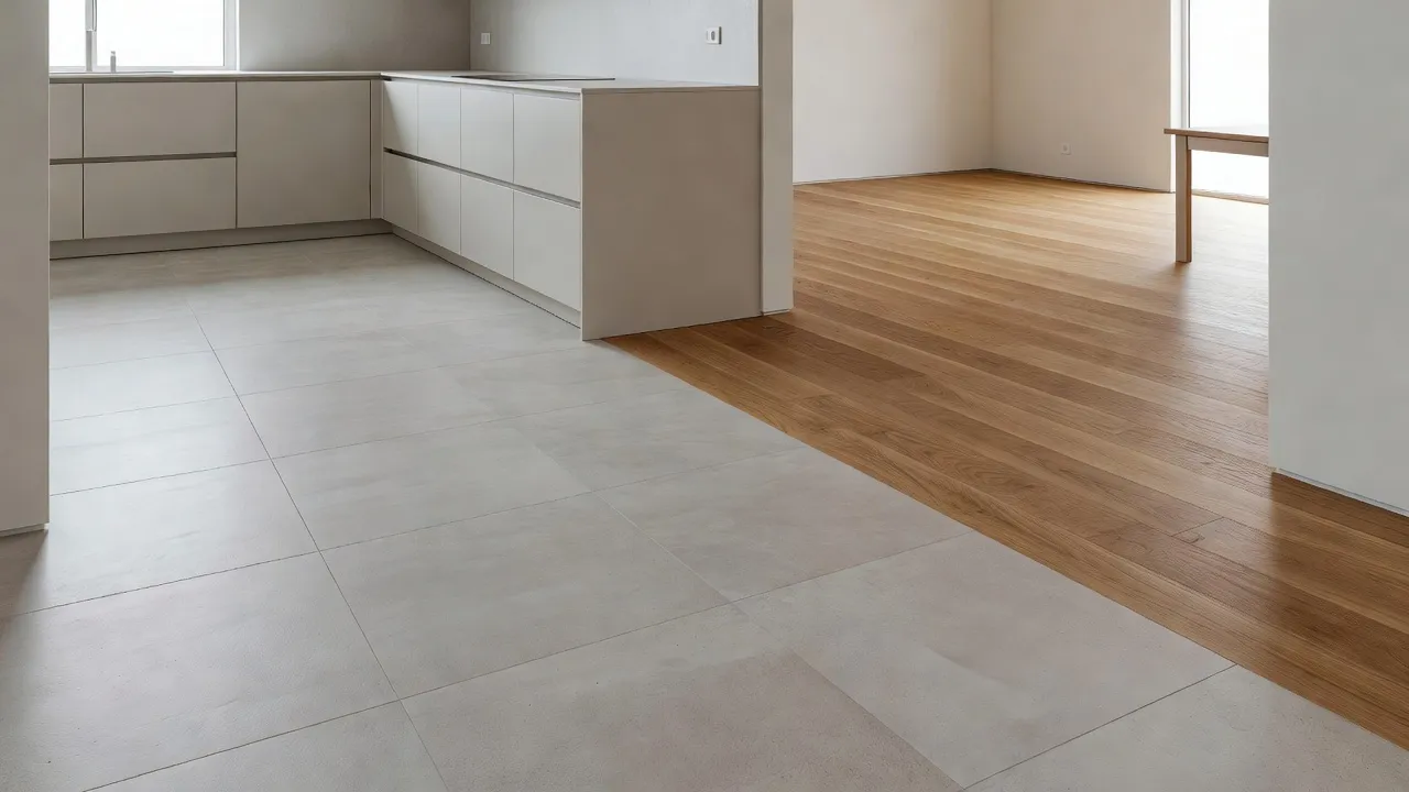 Uma cozinha moderna com piso de porcelanato fosco quente encontrando carvalho em tábuas largas na sala de jantar adjacente, visualizado com um app visualizador de pisos com IA