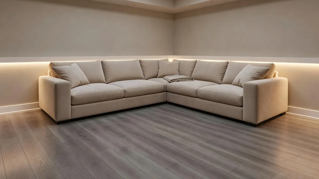 Um porão reformado e aconchegante com piso vinílico cinza quente em réguas e um sofá modular, visualizado com um app visualizador de pisos com IA