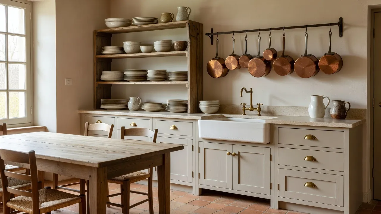 A photorealistic French country kitchen with open wood shelving, terracotta floor tile, a farmhouse sink, and copper pots, generated with AI interior design