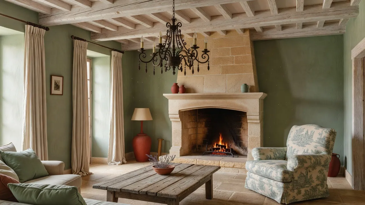 A photorealistic French country living room with a limestone fireplace, exposed wood beams, toile-upholstered armchair, and wrought iron chandelier created with AI