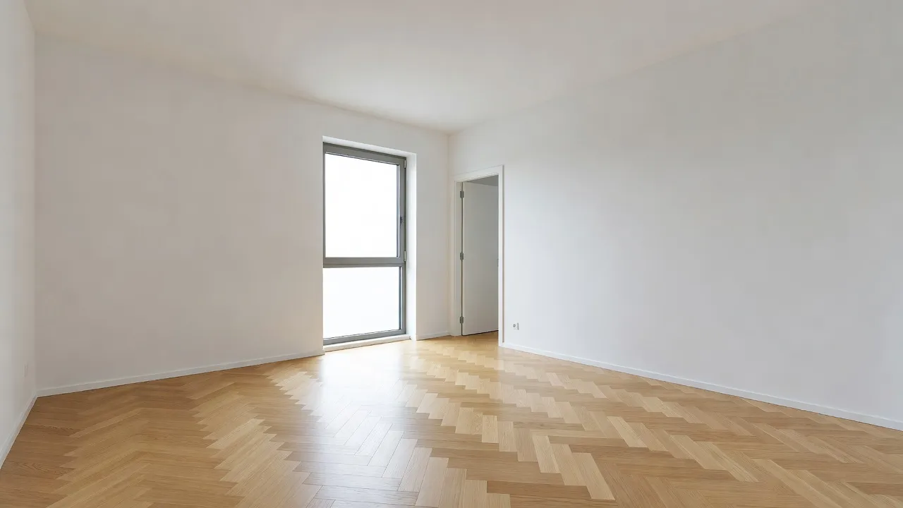 A completely empty room with white walls, a herringbone oak floor, a tall window and an open door, ready to be furnished with AI