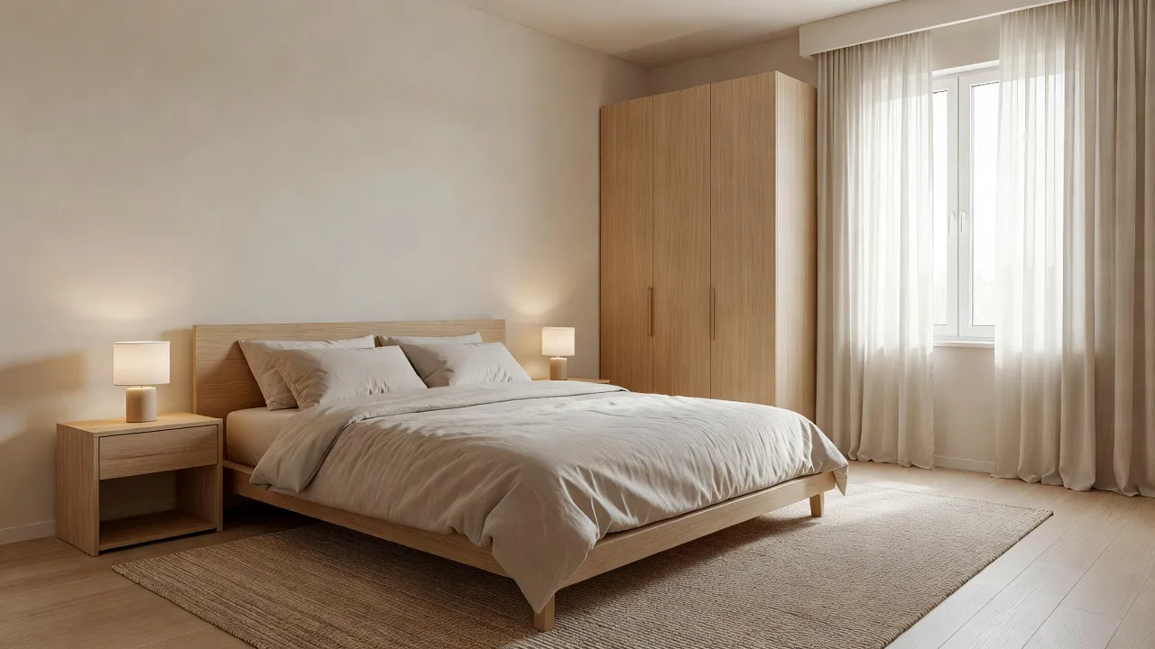 A furnished bedroom with a low platform bed, two nightstands with lamps, a woven rug and a tall oak wardrobe, showing a balanced layout
